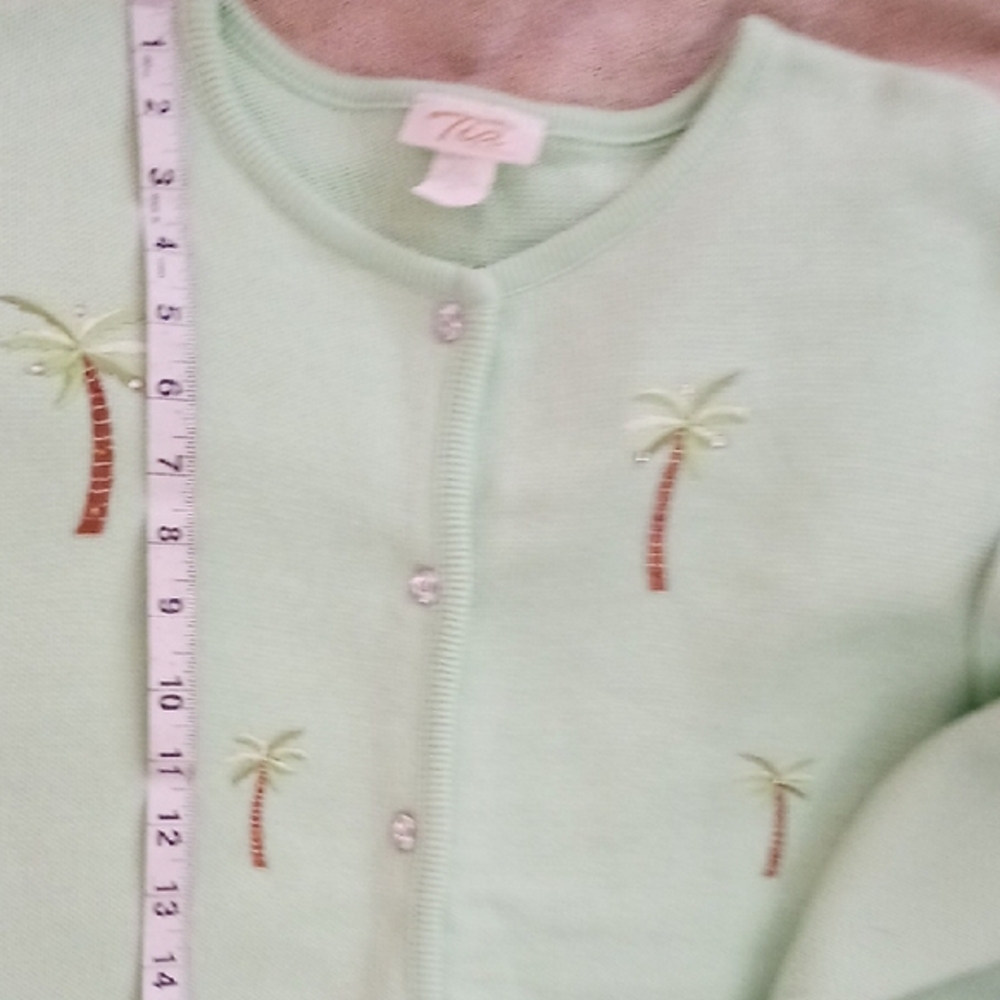 nwot: TIA Design-Mint Green Cotton Cardigan●Embroider Palm Trees+diamond buttons